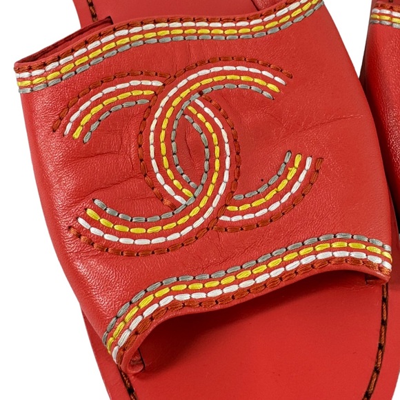 CHANEL Orange Leather Interlocking CC Stitching Women's Slides Sandals 36 - 6US - Picture 5 of 12